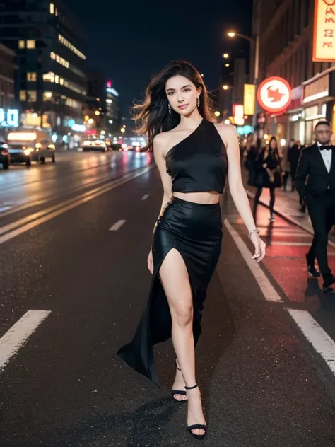 (best quality,4k,highres:1.2),photorealistic,portrait,street fashion,playful,jovial expression,flawless skin,bright vibrant street lights,urban backdrop,glamorous,confident strut,windblown hair,stylish accessories,fierce gaze,show-stopping presence,beauty ...