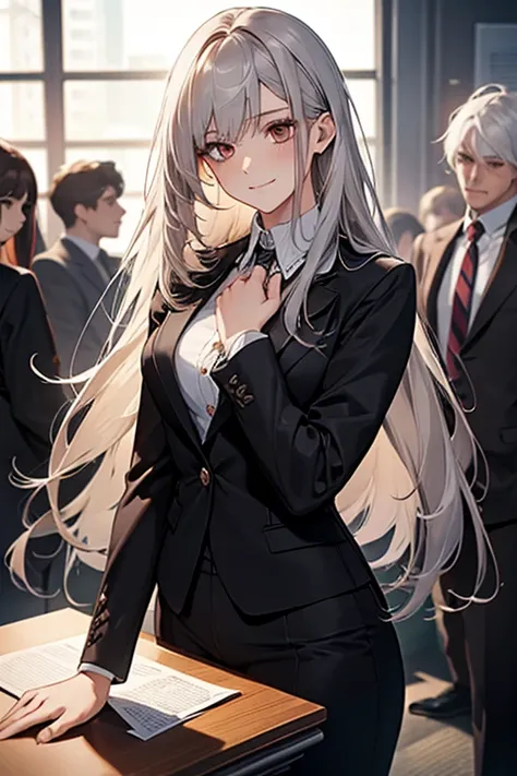 (Confused, High resolution, Very detailed), 1 female, Silver Hair,Long Hair,Reddish brown eyes,business suit,Small breasts,20th Generation,Beautiful woman,A shy smile,thin,quiet,Calm,conference room
