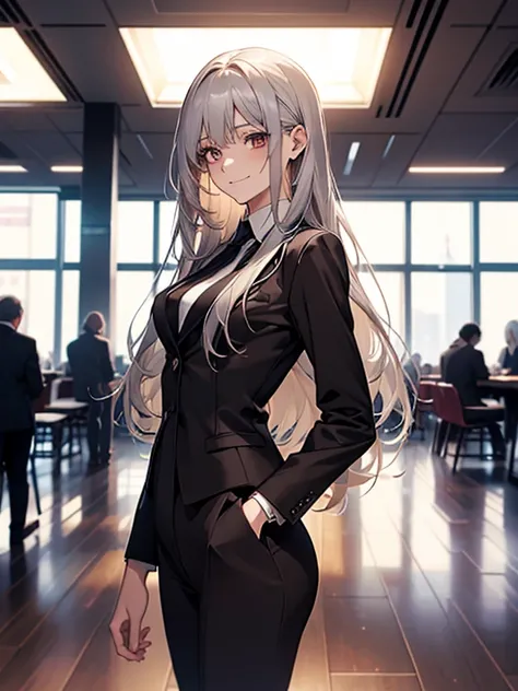 (Confused, High resolution, Very detailed), 1 female, Silver Hair,Long Hair,Reddish brown eyes,business suit,Small breasts,20th Generation,Beautiful woman,A shy smile,thin,quiet,Calm,conference room
