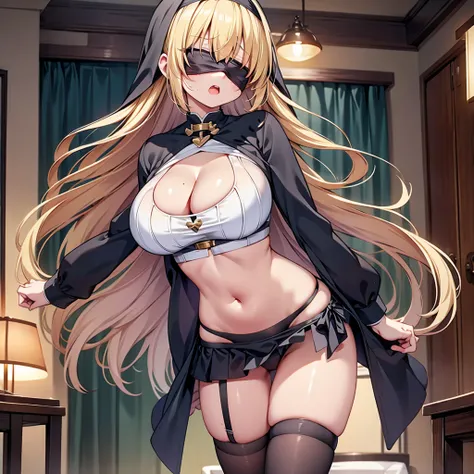 highest quality,wonderful,finely,extremely detailed CG Unity 8K wallpaper, (girl, very long hair, blonde, clothed), (nun :1.2), (huge breasts), (cleavage cutout:1.3), (crop top navel:1.3), (open mouth:1.1), (long tongue:1.1), (mouth drool:1.1), (black stoc...