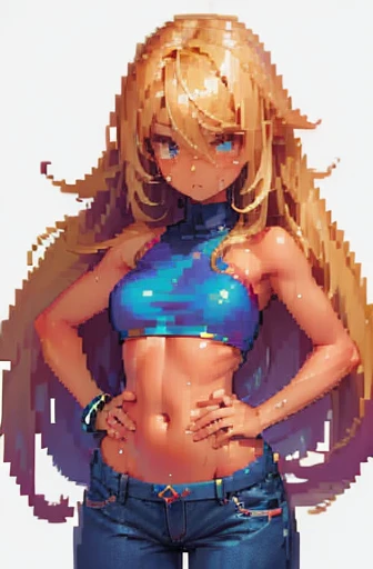 (pixel art), tan skinned anime woman wearing a bandeau and jeans, famished in hunger, (gently resting hands on stomach), (sweating), (long hair), (hands on stomach)