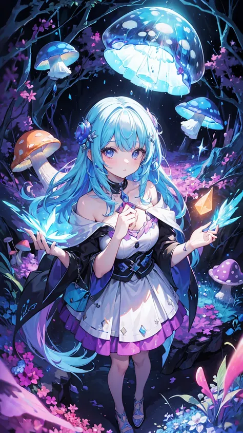 (masterpiece, best quality), (colorful:1.4), from above, solo, 1girl standing in a hidden cave illuminated by glowing mushrooms and crystals, with whispers of ancient spells in the air and a bag of ancient relics, depth of field, fisheye lens
