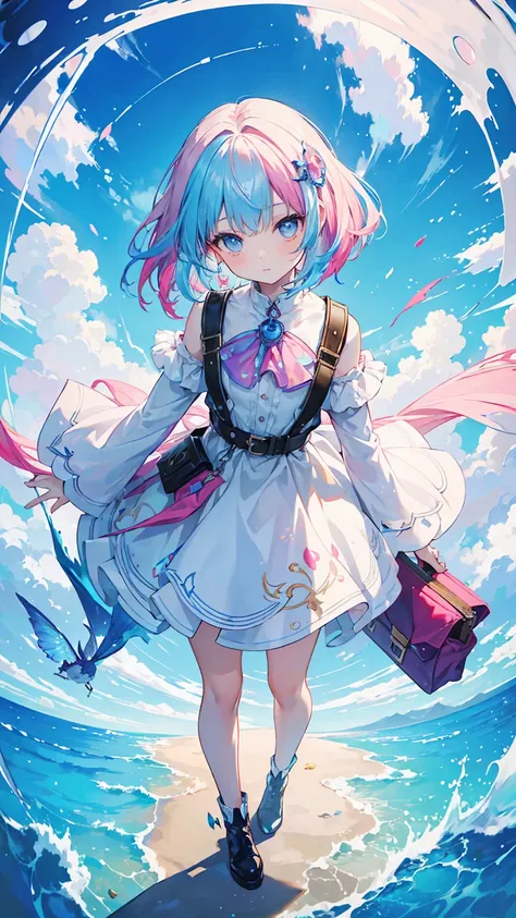 (masterpiece, best quality), (colorful:1.4), from above, solo, 1girl standing atop a magical floating island in the sky, with clouds swirling around and a bag of enchanted flying charms, depth of field, fisheye lens