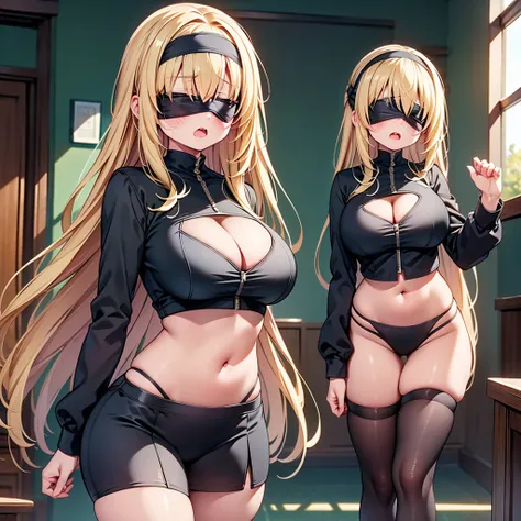 highest quality,wonderful,finely,extremely detailed CG Unity 8K wallpaper, (girl, very long hair, blonde, clothed), (nun :1.2), (huge breasts), (cleavage cutout:1.4), (crop top navel:1.4), (open mouth:1.1), (long tongue:1.1), (mouth drool:1.1), (black stoc...