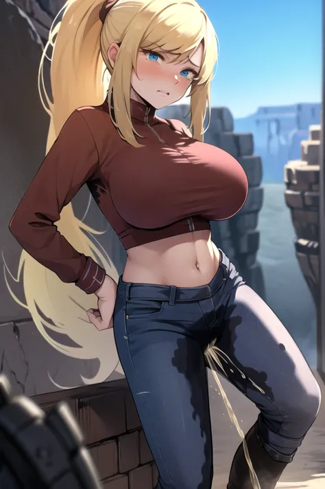 samus aran, facing viewer, ponytail, large breasts, hair tie, crop top, navel, jeans, standing straight, peeing herself, wetting herself, very large peeing stain, huge pee stain, best quality, ultra-detailed, HDR, studio lighting, professional, vivid color...