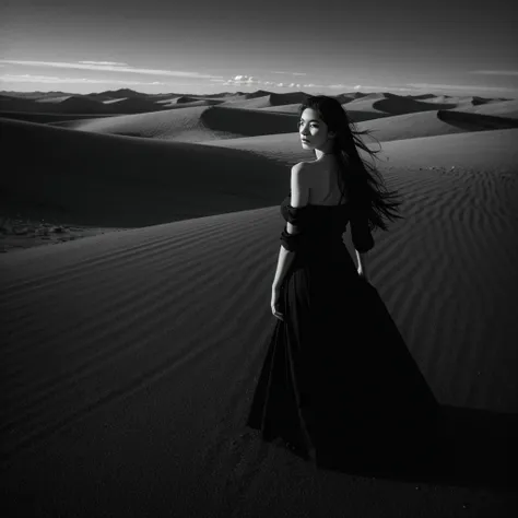 (black and white photography, high contrast、Infrared Filter)、highest quality, masterpiece, ultra high resolution, (realistic:1.4), Raw photo, 1 girl, beautiful face、off shoulder, Distant view of the dune ridge from a high vantage point、Woman standing with ...