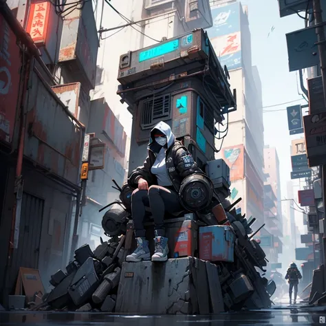 a woman sitting on top of a pile of skulls, cyberpunk city street background, unreal engine character art, anonymous mask, an edgy teen assassin, artgerm ; 3d unreal engine, ( ( character concept art ) ), mmorpg gameplay, antifa, cloaked woman, anonymous