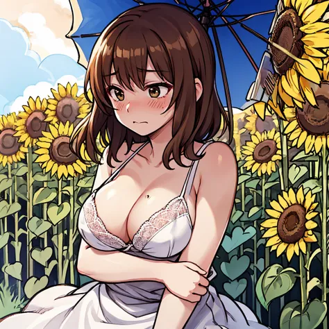 sunny、summer、Sunflower field、White dress、No bra、Large Breasts、shame、Burning cheeks、Embarrassed、Young face、Brown nipples、pubic hair、after the rain、Stained and clingy clothes