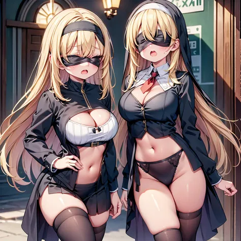 highest quality,wonderful,finely,extremely detailed CG Unity 8K wallpaper, (girl, very long hair, blonde, clothed), (nun :1.2), (midium breasts), (cleavage cutout:1.2), (crop top navel:1.2), (open mouth:1.1), (long tongue:1.1), (mouth drool:1.1), (black st...