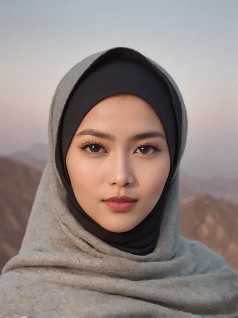 an Indonesian Javanese woman (25 years old, oval and clean face, hijab, thin body, Indonesian-style skin, wearing a thick winter jacket, jeans) standing posing like a model on the Great Wall of China, photo slightly tilted to the side, visible face, atmosp...