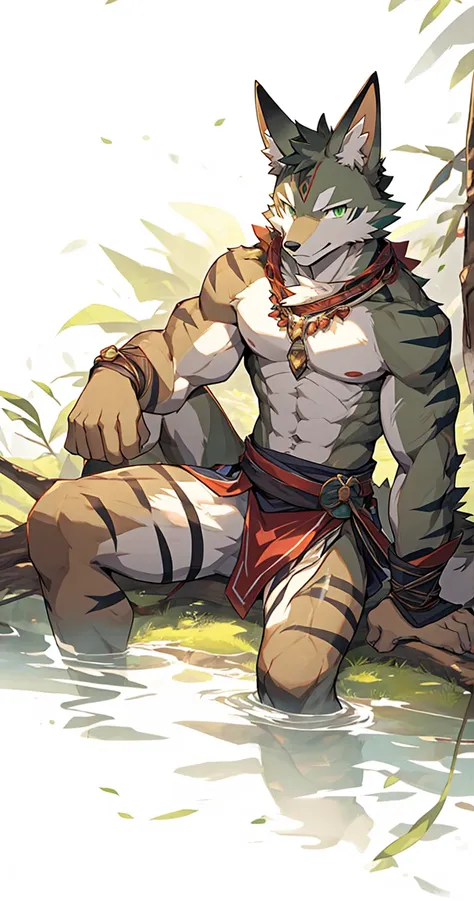 Seto (Tokyo After-School Summoners), Seto(Wandering Longing), Seth (it), Seto, Kazuma Koda, coyote, Green Eye, Grey Body, white body, Brown Body, stripes, stripes body, wear a loincloth, youthful, High Quality, 8K, High image quality, NSFW, pixiv, shadowy,...