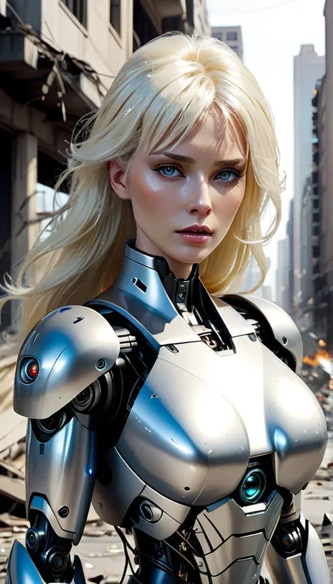 Platinum blonde woman robotic destroyed city Super realistic well detailed