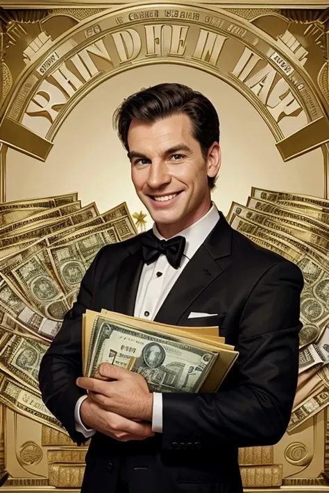 Caricature: A caricature of Phil Rivett in a sharp suit and confident smile, holding a briefcase full of money and surrounded by symbols of wealth like dollar bills and gold bars.