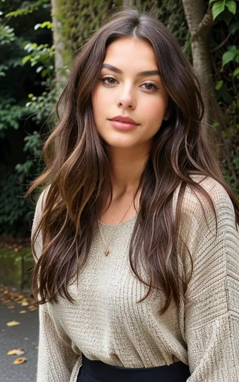 1 femme, Long Wavy Hair, dark brown eyes, nature, top, jupe courte, la rue, italie