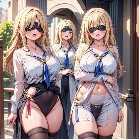 highest quality,wonderful,finely,extremely detailed CG Unity 8K wallpaper, (Stand in line:1.2), (3 girls, blonde, clothed), (huge breasts), (open mouth:1.1), (long tongue:1.1), (mouth drool:1.1), (black stockings:1.1),(Thighs:1.2),(Waistline:1.2),(black bl...