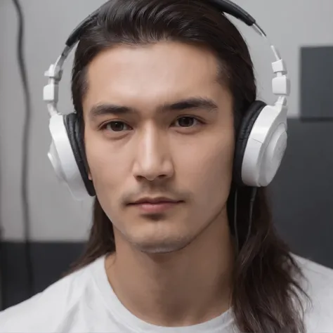 Man working in the studio wearing headphones Chinese man, High-definition details, long hair, white t-shirt,Nervous and focused expression, sharp eyes, Dark lighting, soft background, deep black background, Layered feeling stands out, realistic, Handsome b...