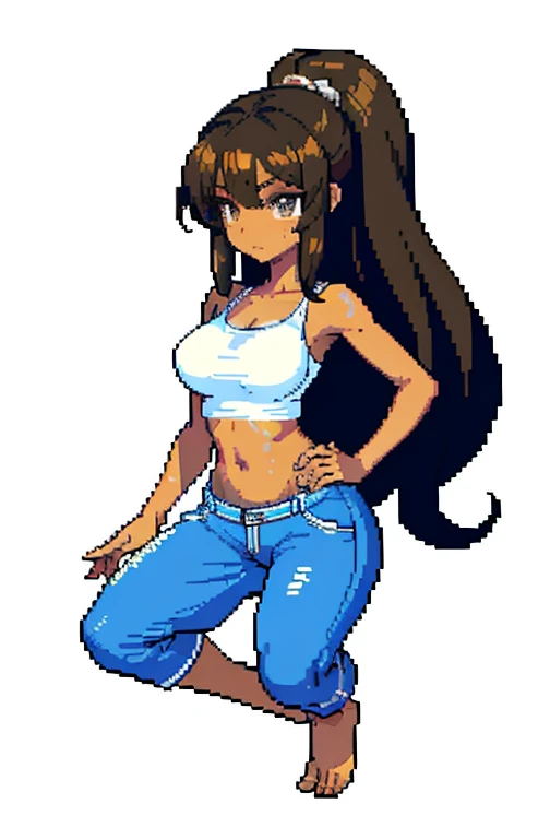 (masterpiece, top quality, best quality), pixel art, brown skinned anime woman wearing a cami top and jeans, famished in hunger, (gently resting hands on stomach), (sweating), (lying down), (long hair), (hands on stomach)