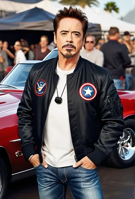 a Satire Photorealistic Picture of Ronert Downey Jr. as Tony Stark donning Casual Outfit, a bomber jacket, t-Shirts, jeans and sneakers hosting a hilarious Car Show Program Top Gear, insanely detailed and intricate carshow studio properties, detailed and p...