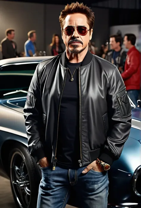 a Satire Photorealistic Picture of Ronert Downey Jr. as Tony Stark donning Casual Outfit, a bomber jacket, t-Shirts, jeans and sneakers hosting a hilarious Car Show Program Top Gear, insanely detailed and intricate carshow studio properties, detailed and p...