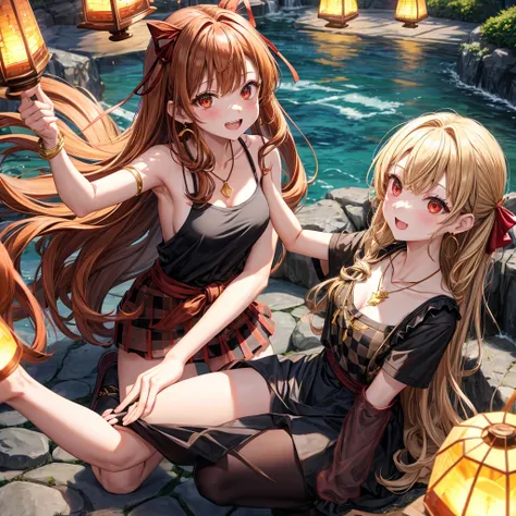 Brown, red, gold, golden hair、Red eyes、One good looking girl、solo、anime、Checkered mini skirt、Black camisole、Black T-shirt、hoodie、Wearing a ribbon、Ribbon on waist、Crystal Earrings、Gemstone Necklace、Light and shadow、Tilting face、Teeth are visible、waterfall、K...