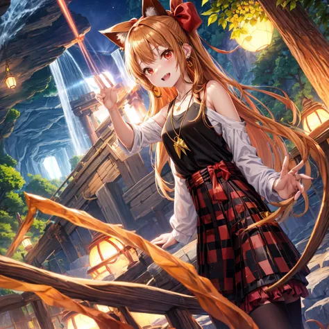 Brown, red, gold, golden hair、Red eyes、One good looking girl、solo、anime、Checkered mini skirt、Black camisole、Black T-shirt、hoodie、Wearing a ribbon、Ribbon on waist、Crystal Earrings、Gemstone Necklace、Light and shadow、Tilting face、Teeth are visible、waterfall、K...