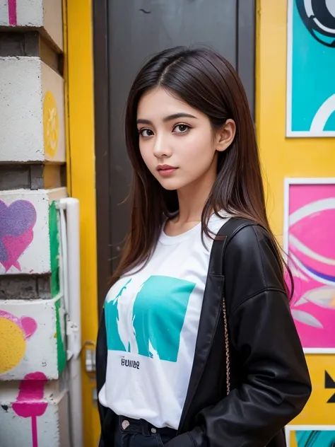 (8k, very high resolution: 1.1) nasrin, a 20-year-old asian girl, poses in front of a vibrant street art mural. she wears trendy...