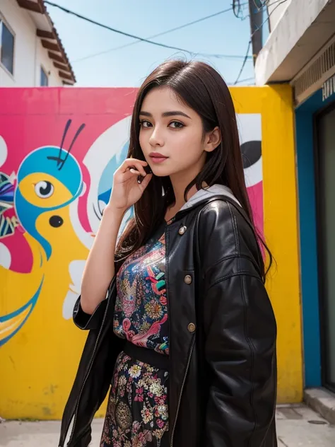 (8k, very high resolution: 1.1) nasrin, a 20-year-old asian girl, poses in front of a vibrant street art mural. she wears trendy...