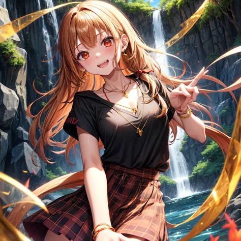 Brown, red, gold, golden hair、Red eyes、One good looking girl、solo、anime、Checkered mini skirt、Black camisole、Black T-shirt、hoodie、Wearing a ribbon、Ribbon on waist、Crystal Earrings、Gemstone Necklace、Light and shadow、Tilting face、Teeth are visible、waterfall、K...