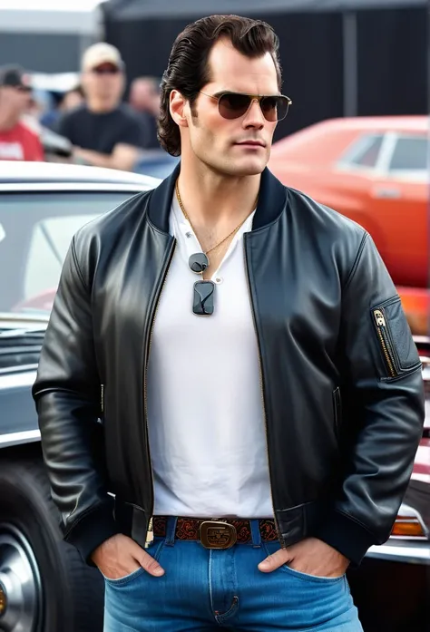 a Satire Photorealistic Picture of Henry Cavill as Clark Kent donning Casual Outfit with the 80s heavy metal rockstar long hairstyle, a bomber jacket, t-Shirts, jeans and sneakers hosting a hilarious Car Show Program Top Gear, insanely detailed and intrica...