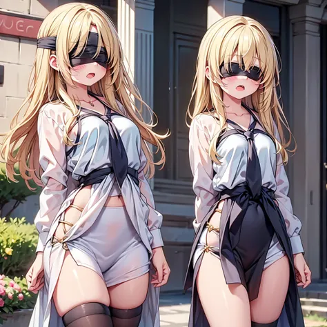 highest quality,wonderful,finely,extremely detailed CG Unity 8K wallpaper, (Stand in line:1.2), (3 girls, blonde, clothed), (small breasts), (open mouth:1.1), (long tongue:1.1), (mouth drool:1.1), (black stockings:1.1),(Thighs:1.2),(Waistline:1.2),(black b...