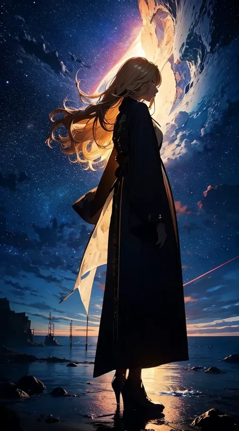 １people々,Blonde long-haired woman，Long coat， Dress Silhouette， Rear View，Raise your hand to grab something，Space Sky, The boundary between sea and space，