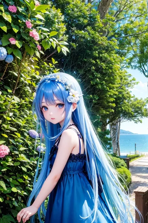 Blue Hair　long hair　Girl　Blue Eyes　Flower Hair Ornaments　Blue dress　Ocean
