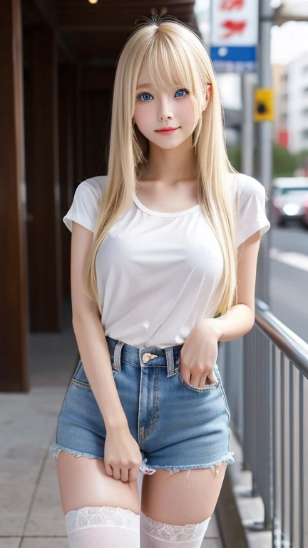 highest quality　Embarrassed expression seen by viewers　Shining, clear, white skin、Her windblown blonde hair hides her beautiful face、huge、20 years old cute sexy little beautiful face、Beautiful straight hair that stands out、growing up, Sparkling light blue ...