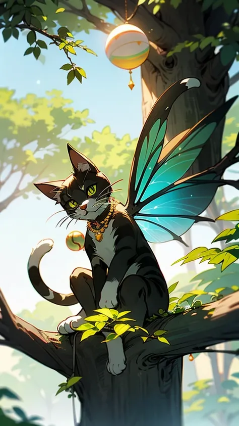 Mountains in nature、The necklace of the fairy cat sitting on the branch of a big tree is shining.、A mysterious space、Cat looking at this、Cat reaching out、A world filled with greenery and orbs flying all around、Sunlight filtering through the trees