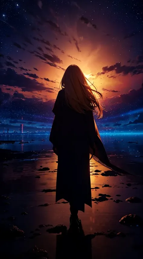 １people々々々々々々々々々々々々々,Blonde long-haired woman，Long coat， Dress Silhouette， Rear View，Space Sky, , Anime Style, sunset，The boundary between sea and space，