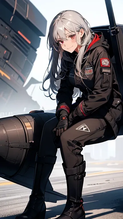 (Confused, High resolution, Very detailed), 1 female, Silver Hair,Long Hair,Reddish brown eyes,black pilot suit,boots,Small breasts,,Wearing a hood,Black pilot coat,Age 25,Beautiful woman,Adult women,,thin,quiet,Calm,A shy little smile
