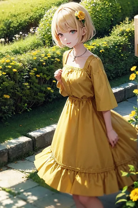 Blonde　Short Hair　Girl　Golden Eyes　Flower Hair Ornaments　Yellow dress　garden