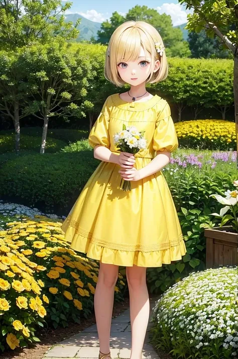 Blonde　Short Hair　Girl　Golden Eyes　Flower Hair Ornaments　Yellow dress　garden