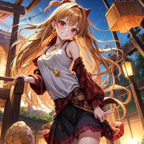 Brown, red, gold, golden hair、Red eyes、One good looking girl、solo、anime、Checkered mini skirt、Black camisole、Black T-shirt、hoodie、Wearing a ribbon、Ribbon on waist、Crystal Earrings、Gemstone Necklace、Light and shadow、Tilting face、Teeth are visible、waterfall、K...