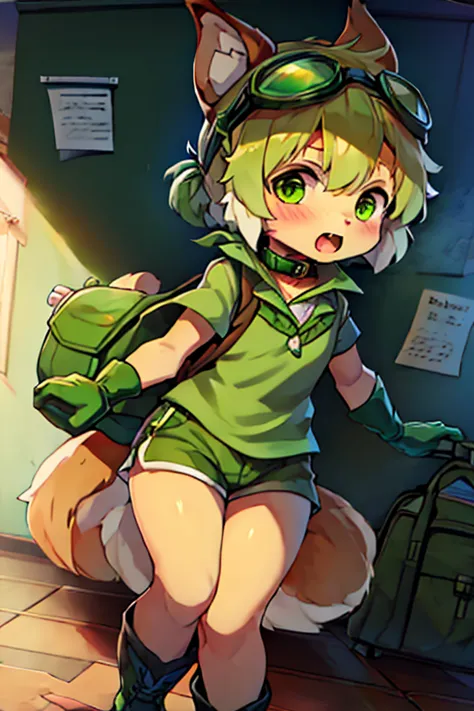 boy, furry, blown squirrel ears, animal ear fluff, bodyfur, blown squirrel tail, green goggles, green club budge, green neckerchief, green salior collar, green cloak, light green polo shirt, short sleeves, green shorts, green rubber gloves, green wellingto...