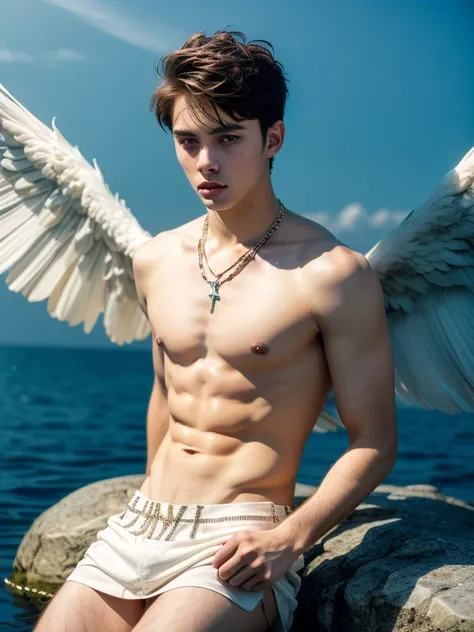 (Masterpiece: 1.3), (Best Quality: 1.2), 8K, Absurdity, (Very Detail: 1.3), Best, (1 Boy: 1.2), not muscular, 18 year old shirtless twink boy model, wearing speedos, Masterpiece, Best Quality, Raw Photography, Photorealistic skinny angel with black wings,
...