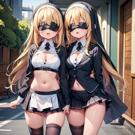 highest quality,wonderful,finely,extremely detailed CG Unity 8K wallpaper, (girl, very long hair, blonde, clothed), (nun :1.2), (small breasts), (cleavage cutout), (crop top navel:1.2), (open mouth:1.1), (long tongue:1.1), (mouth drool:1.1), (black stockin...