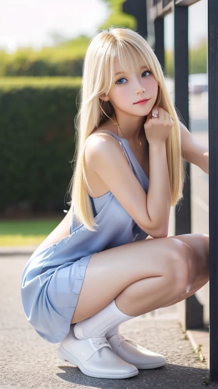 highest quality　Embarrassed expression seen by viewers　Shining, clear, white skin、Her windblown blonde hair hides her beautiful face、huge、20 years old cute sexy little beautiful face、Beautiful straight hair that stands out、growing up, Sparkling light blue ...