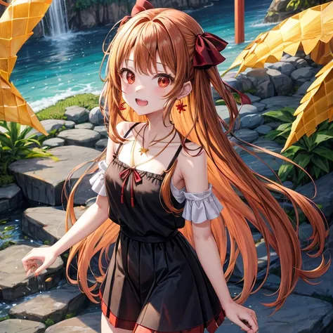 Brown, red, gold, golden hair、Red eyes、One good looking girl、solo、anime、Checkered mini skirt、Black camisole、Black T-shirt、hoodie、Wearing a ribbon、Ribbon on waist、Crystal Earrings、Gemstone Necklace、Light and shadow、Tilting face、Teeth are visible、waterfall、K...