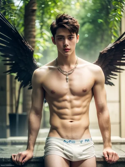 (Masterpiece: 1.3), (Best Quality: 1.2), 8K, Absurdity, (Very Detail: 1.3), Best, (1 Boy: 1.2), not muscular, 18 year old shirtless twink boy model, wearing speedos, Masterpiece, Best Quality, Raw Photography, Photorealistic skinny angel with black wings,
...