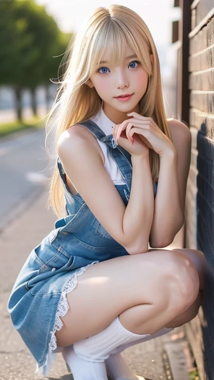 highest quality　Embarrassed expression seen by viewers　Shining, clear, white skin、Her windblown blonde hair hides her beautiful face、huge、20 years old cute sexy little beautiful face、Beautiful straight hair that stands out、growing up, Sparkling light blue ...