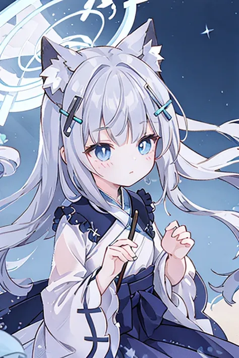 shiroko_bluearchive,beast ears,（masterpiece，Best quality：1.2），Implications，absurd，high resolution，Very detailed，1 little girl，Hanfu，straight dress，Fluffy short sleeves，Frills，appearance，flowering，fluttering petals，Upper part of the body，（moon：1.2），night，De...