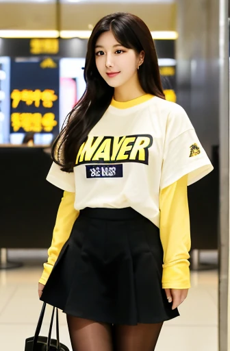 [an ultra-realistic Asian woman at Seoul International Airport], oval face shape, black hair color with brown streaks, medium long wavy hair, 25 years old, (wearing a yellow and black short-sleeved oversized t-shirt with a logo, black tights, premium snick...