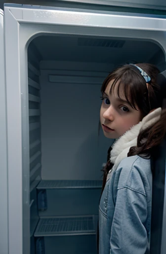 frozen girl stands in the freezer