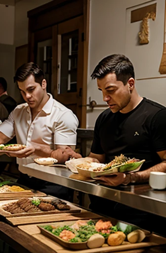 men at the table eat a lot of food